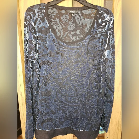 Simply Vera Vera Wang Sz L LS Blue/Black Velvet Burnout Top - Picture 1 of 2